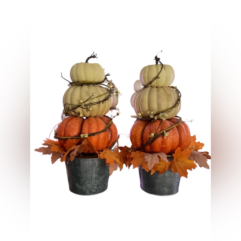 Large Farmhouse Tiered Pumpkin Decor Set of 2 Autumn Table Centerpieces
